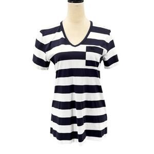 Burberry Brit NWT Navy & White Cotton Striped Pocket V-neck Casual Tee Shirt